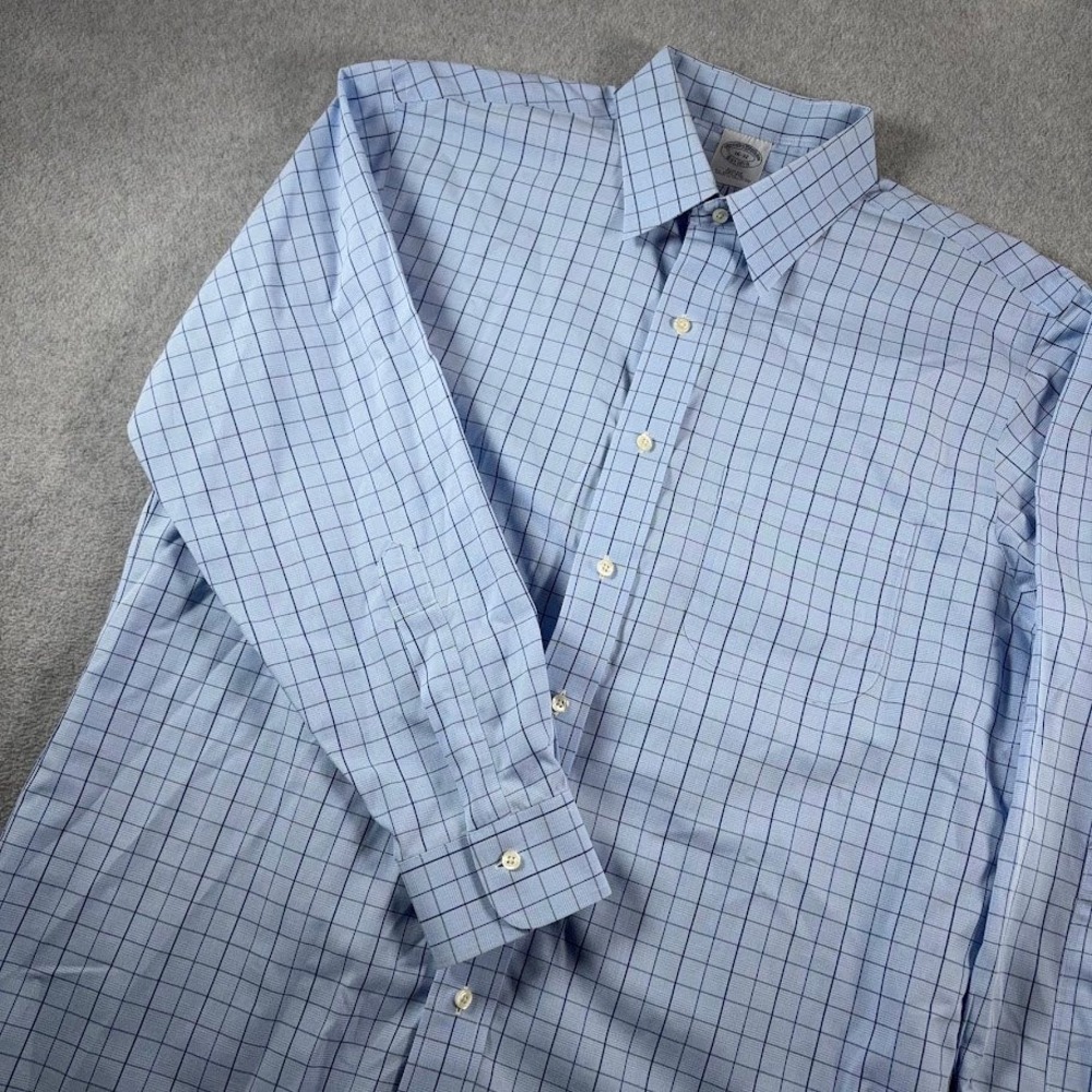 Brooks Brothers Button Down Mens 16-32 Light Blue Windowpane Slim Fit Non-Iron